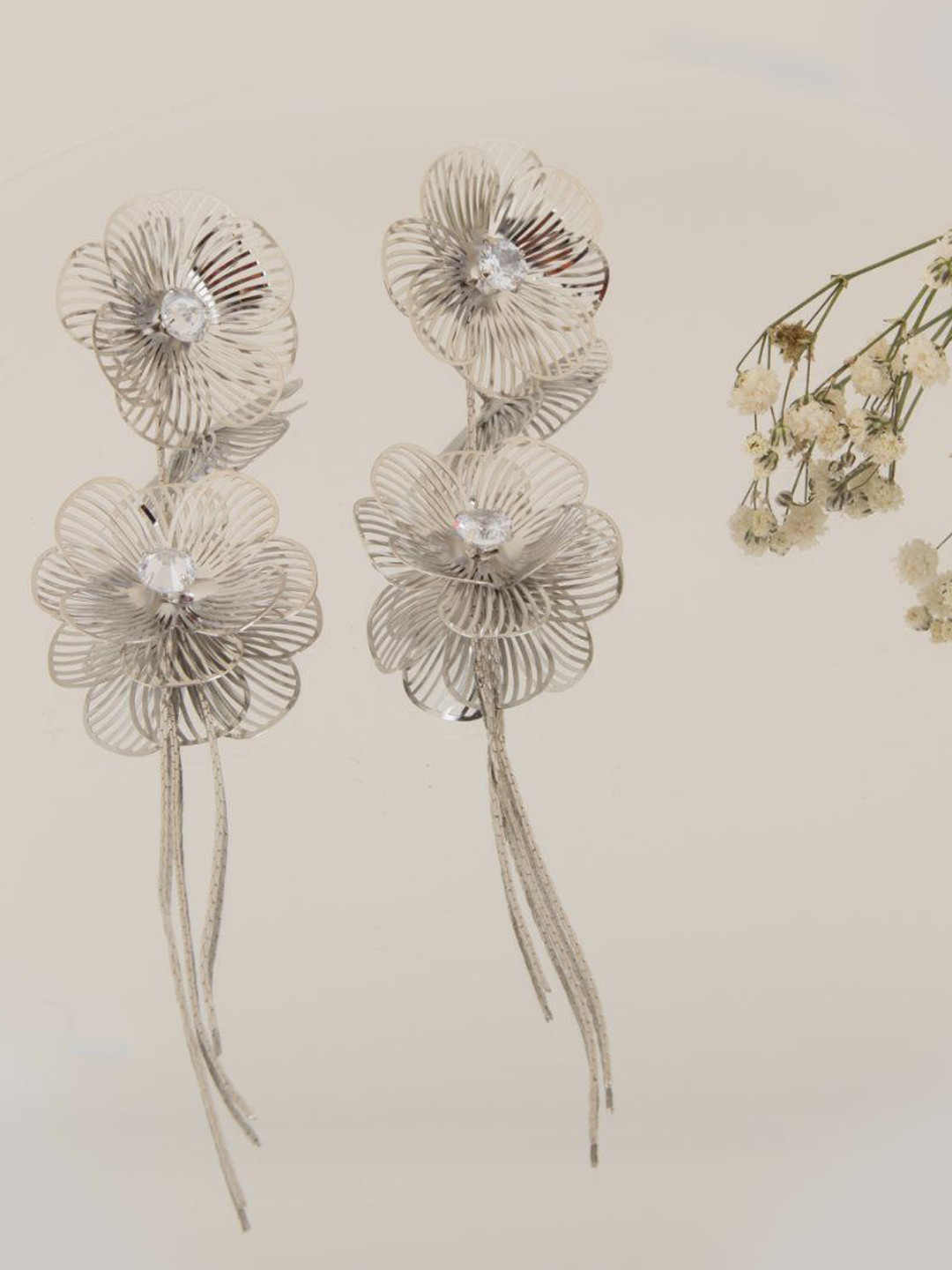 LA FILLE D'OR Silver-Plated Cubic Zirconia Studded Floral Shaped Drop Earrings