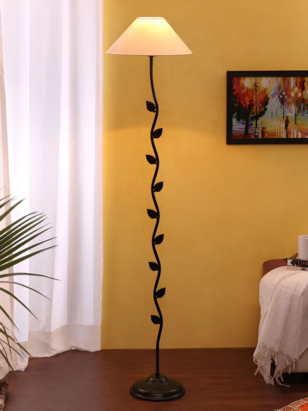 Devansh Black & White Iron Flat Leaf Floor Lamp