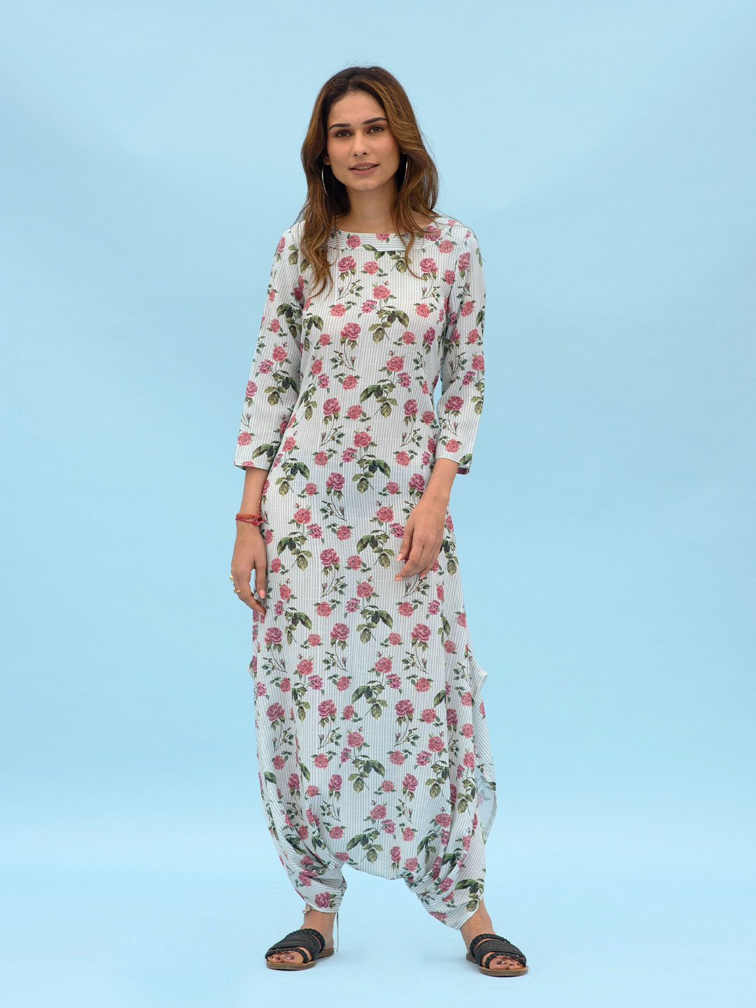 Pasha Women Sage Green Floral Printed Dhoti Jumpsuit