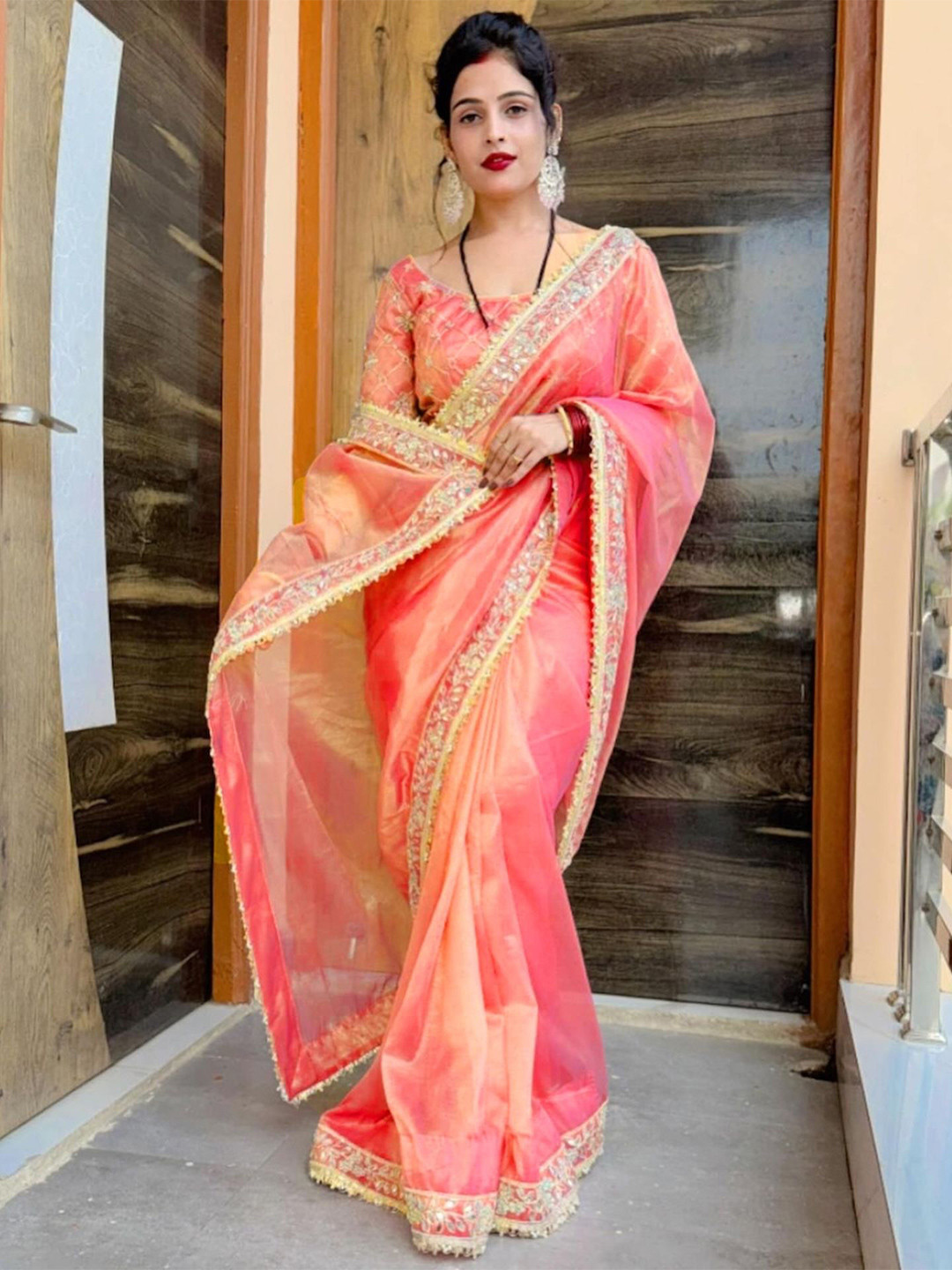 Celeb Styles Mirror Work Tissue Silk Saree