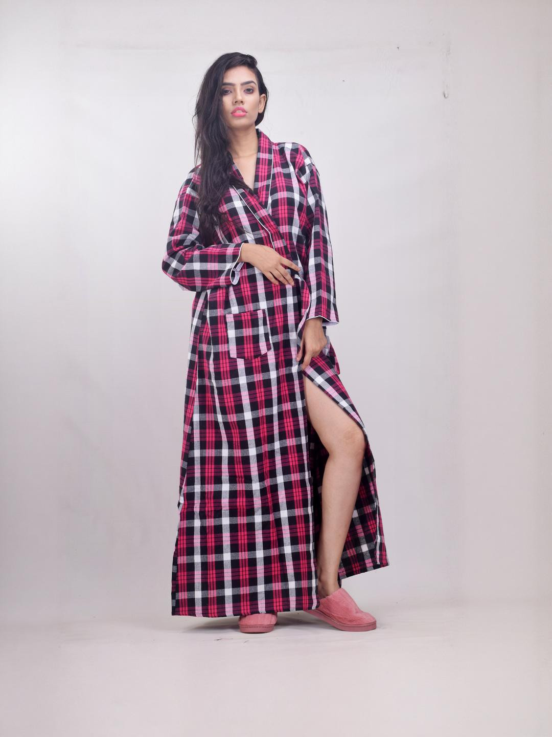 CLYMAA Pink Wool Blend Maxi Checked Nightdress