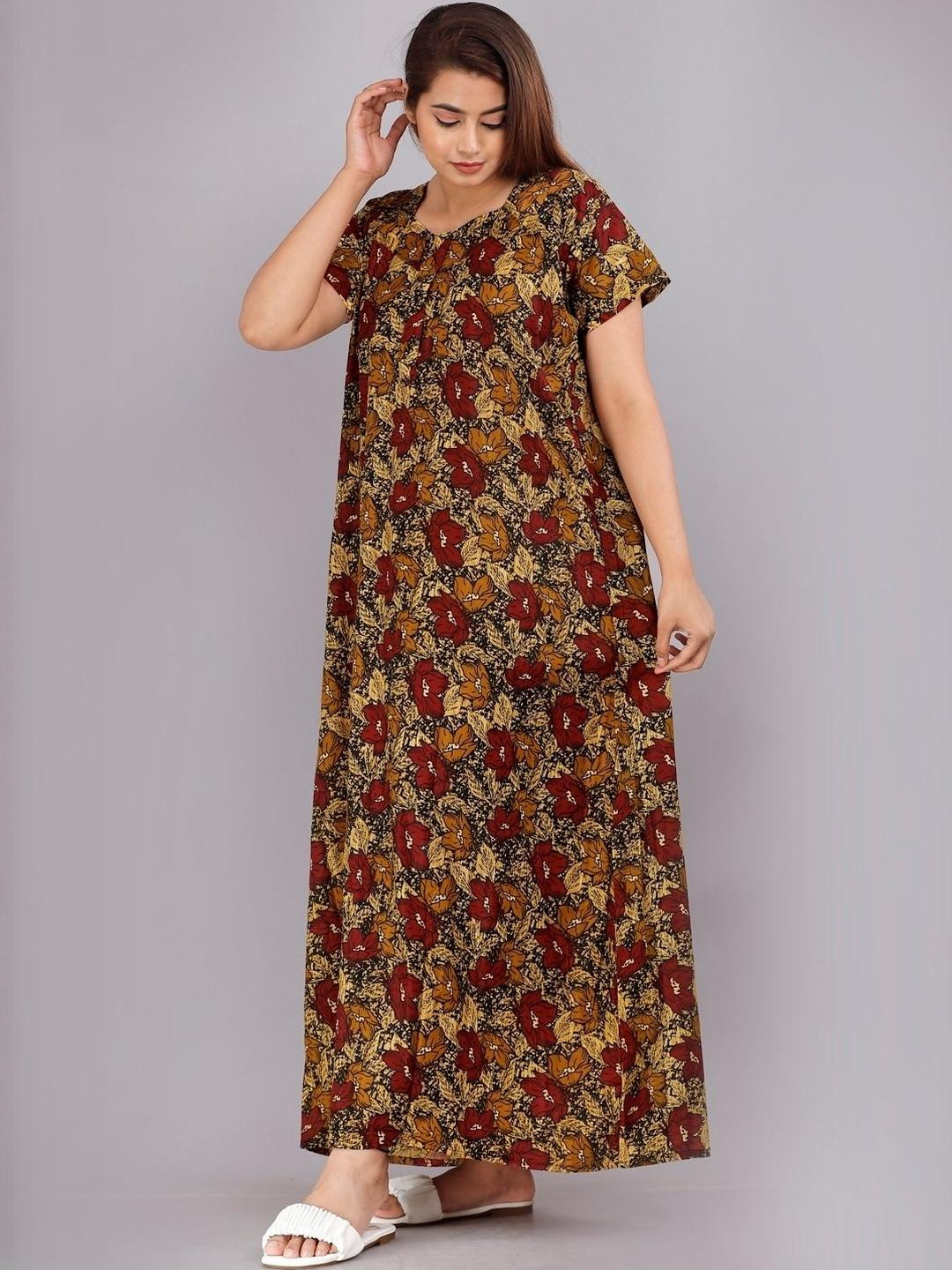 AAKARSHANA CREATION Gold Pure Cotton Maxi Printed Nightdress