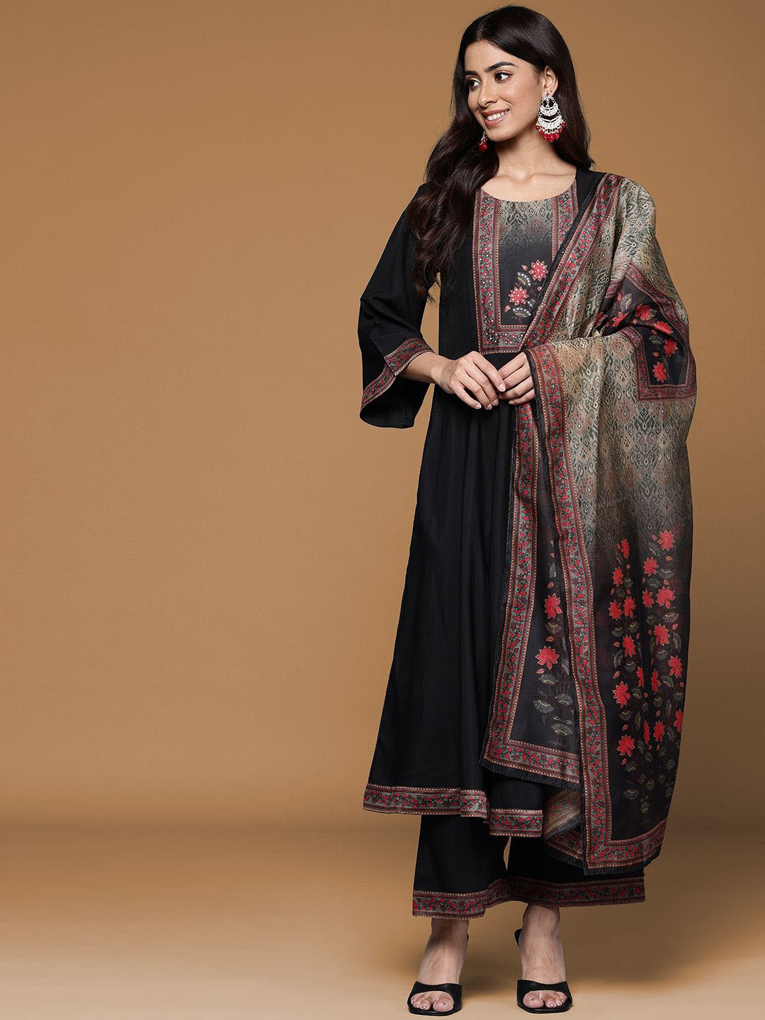 House of Pataudi Paisley Yoke Pattern Sequinned Anarkali Empire Kurta & Trousers & Dupatta
