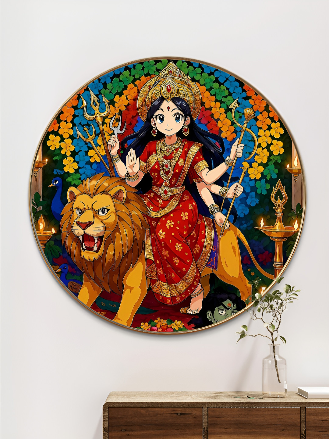 SAF Divine Durga Wood Wall Round Paintings Wall Art - 16 x16In