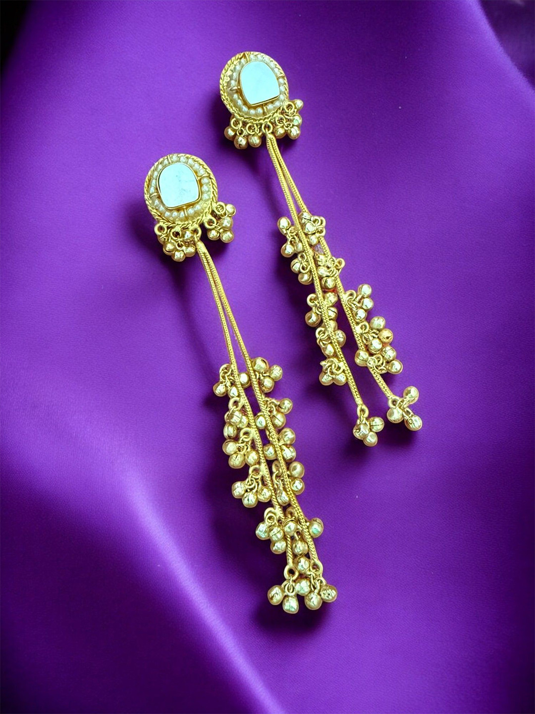 Rebekah Gold-Plated Artificial Stones Studded & Beaded Circular Shaped Drop Earrings