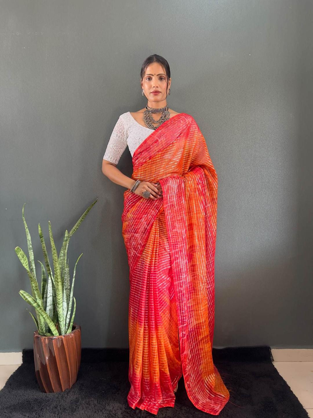 AQUILIQ Red Ombre printed saree with solid border And Chikan Kari blouse Piece
