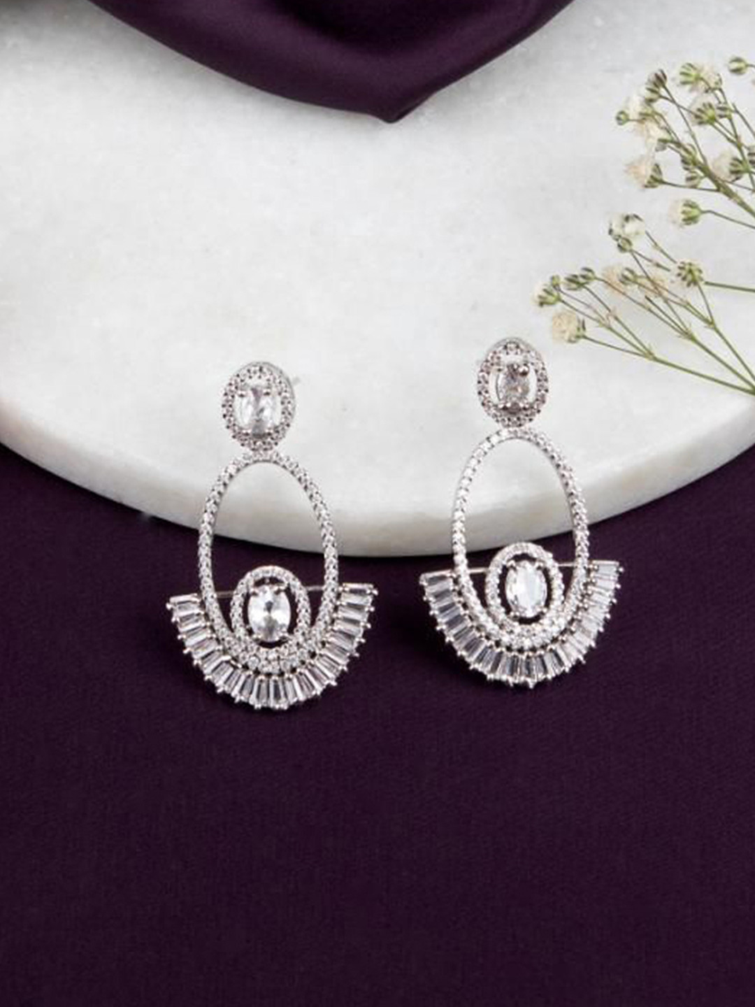 LA FILLE D'OR Silver-Plated Cubic Zirconia Studded Oval Shaped Drop Earrings
