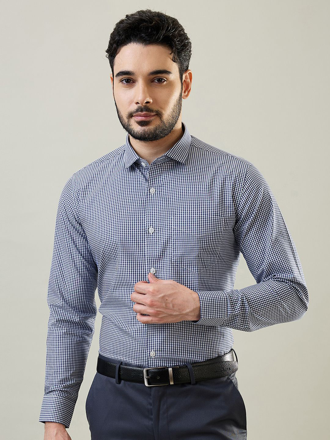 TIM PARIS Tailored Fit Micro Checks Checked Pure Cotton Formal Shirt