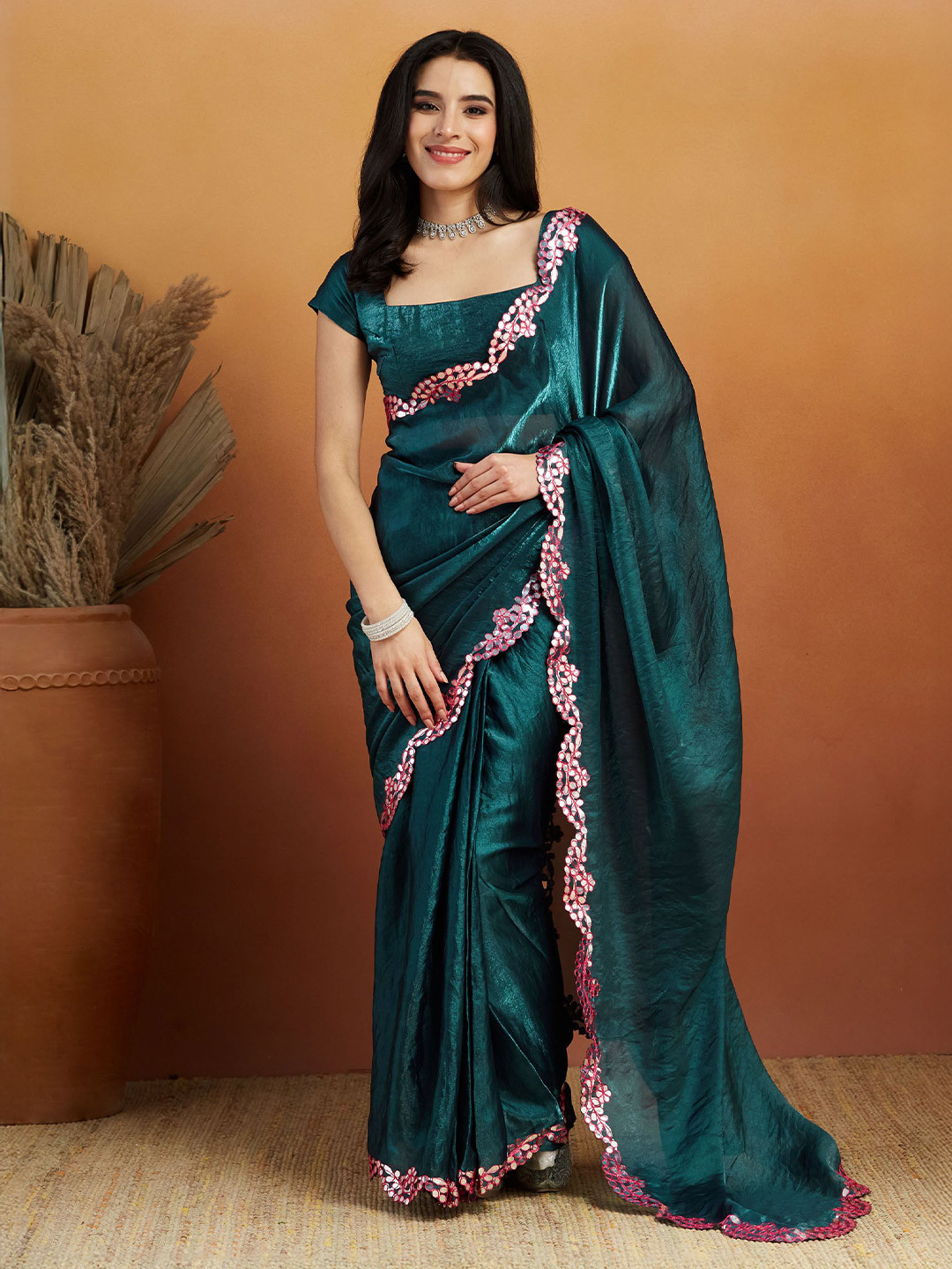 RACHNA Mirror Work Border Tissue Ready to Wear Saree