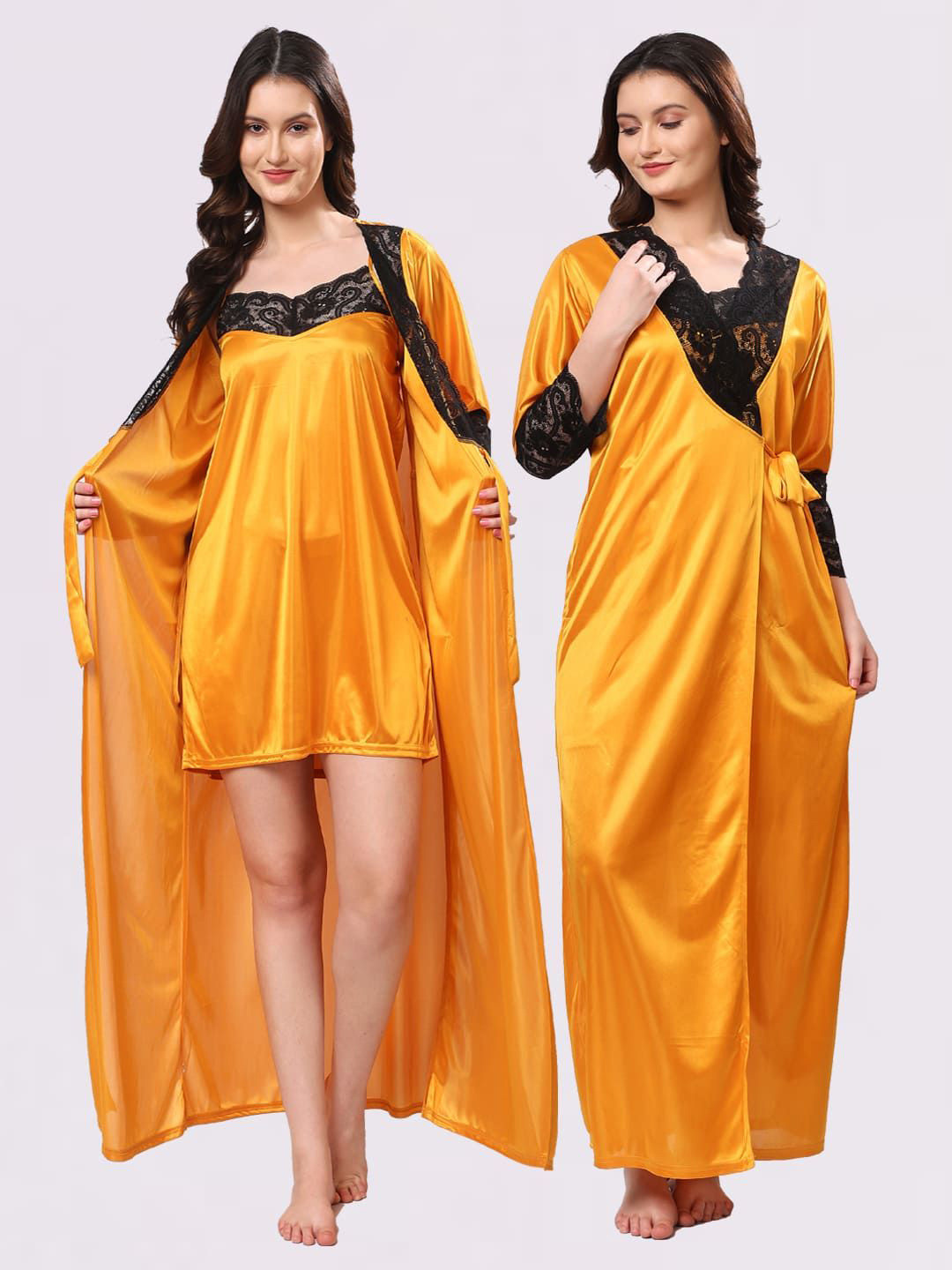NIGHT KEYS Yellow Satin Maxi Solid Nightdress