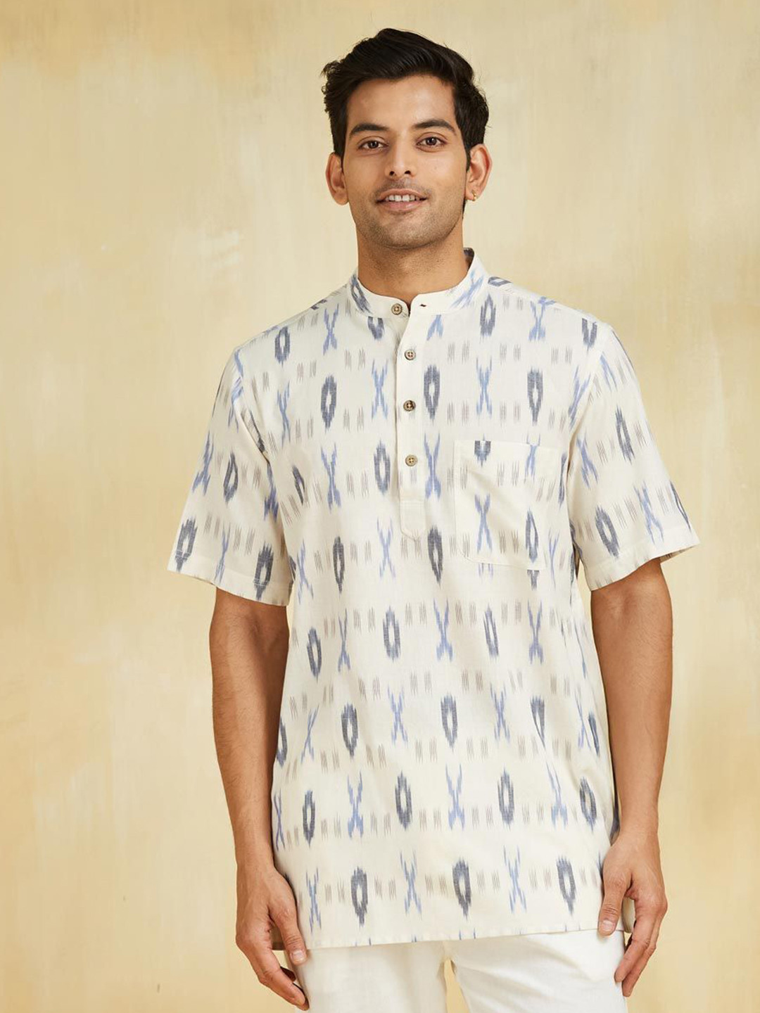 Fabindia Geometric Ikat Printed Band Collar Cotton Straight Kurta