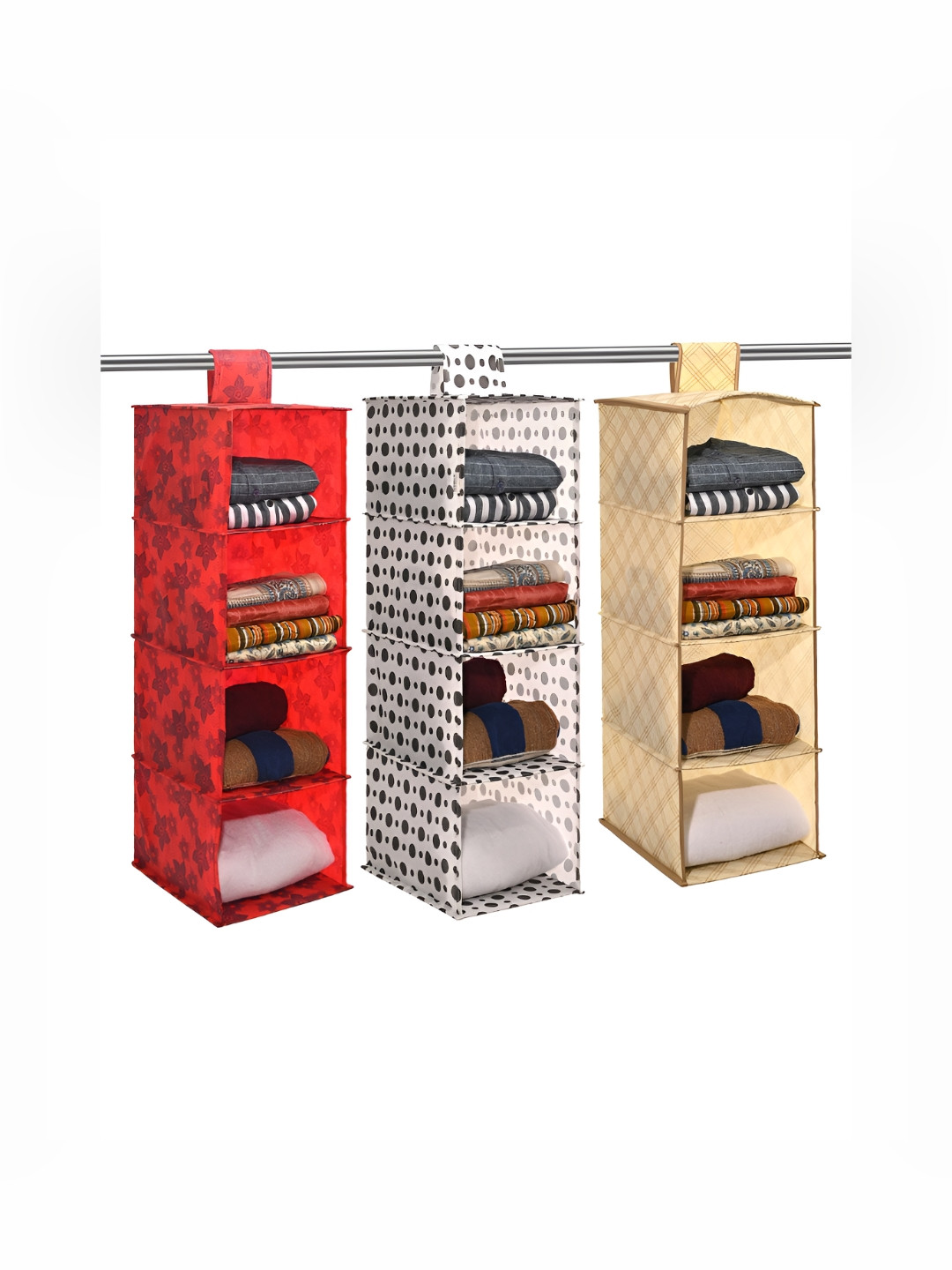 Aura Red & White 3 Pieces Foldable 4 Shelf Hanging Closet Multi-Utility Organizers