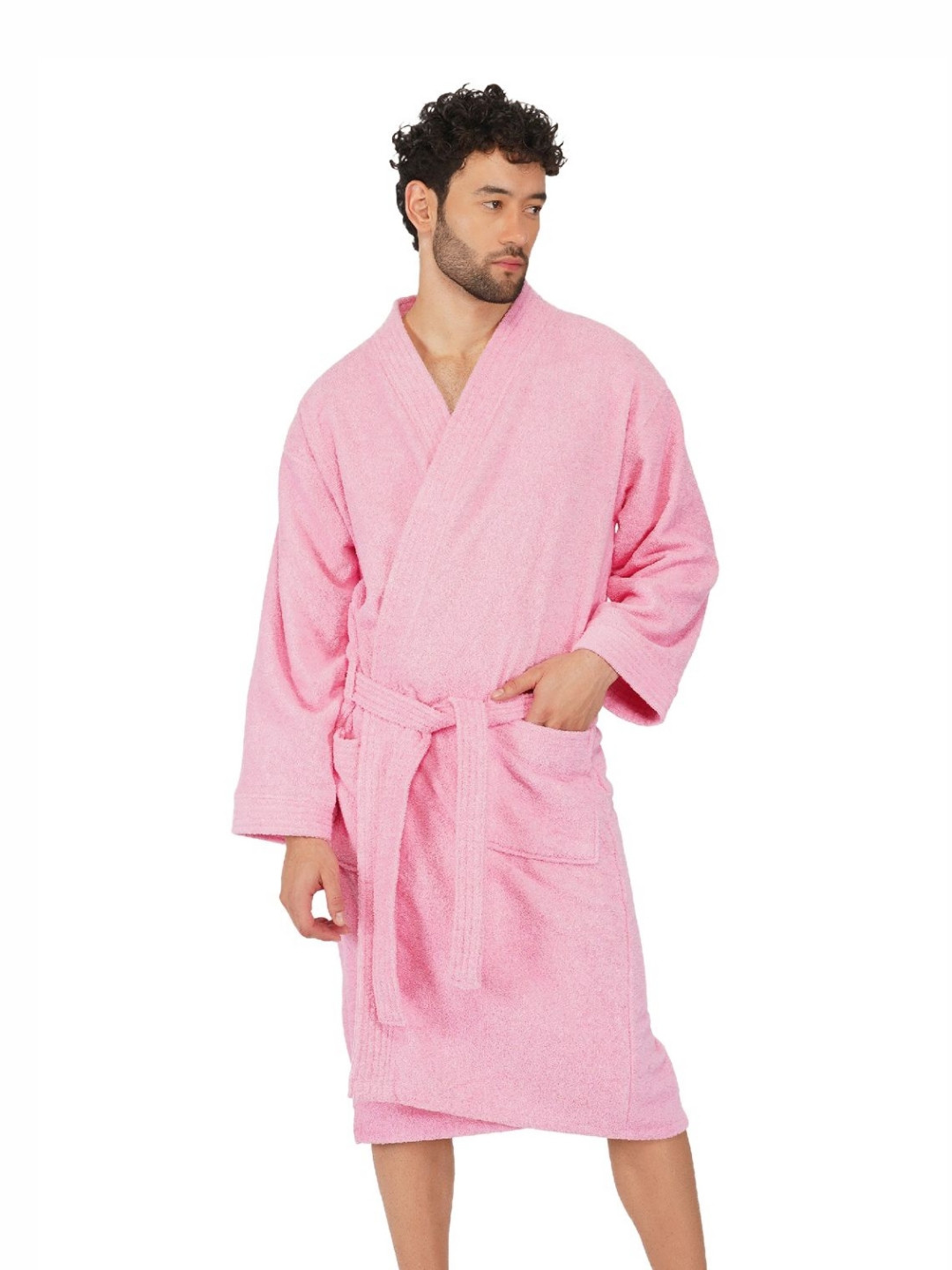 RANGOLI Noble, 400 GSM Pink Solid Cotton Drawstring Knee Length Bath Robe-L