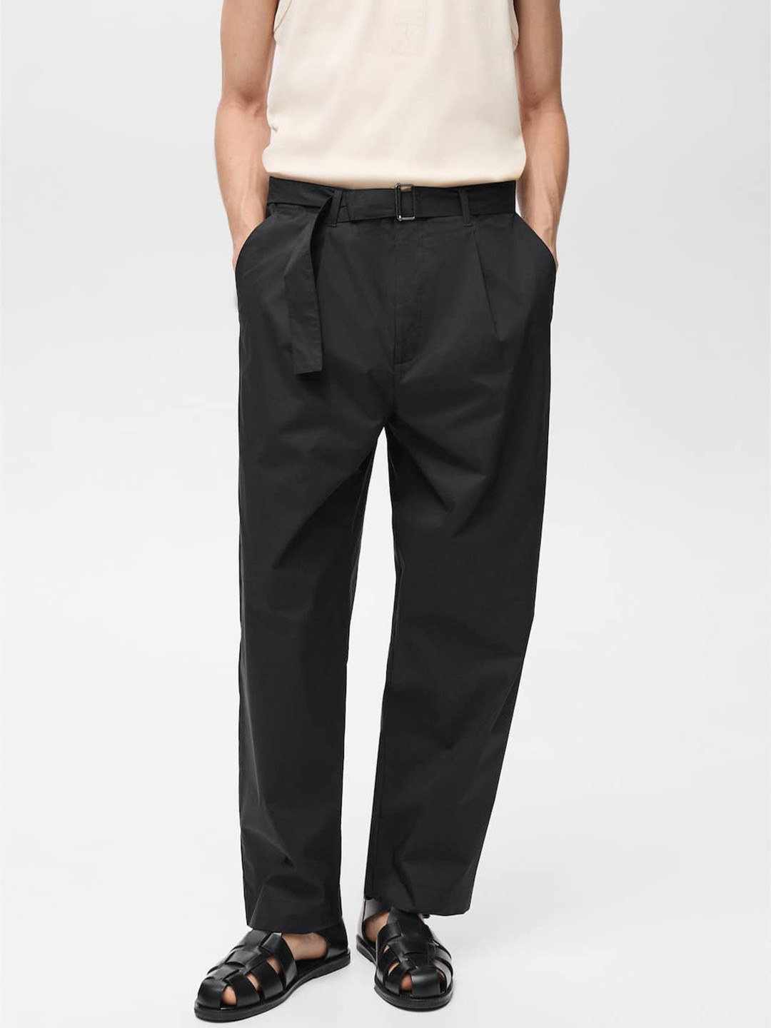 MANGO MAN Mid-Rise Relaxed Fit Pleated Detail Chinos with Belt