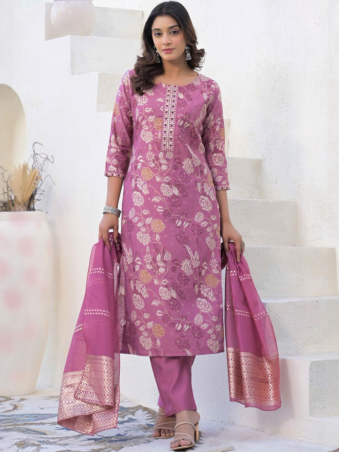 Peachmode Light Purple Floral Printed Viscose Straight Salwar Suit for Women