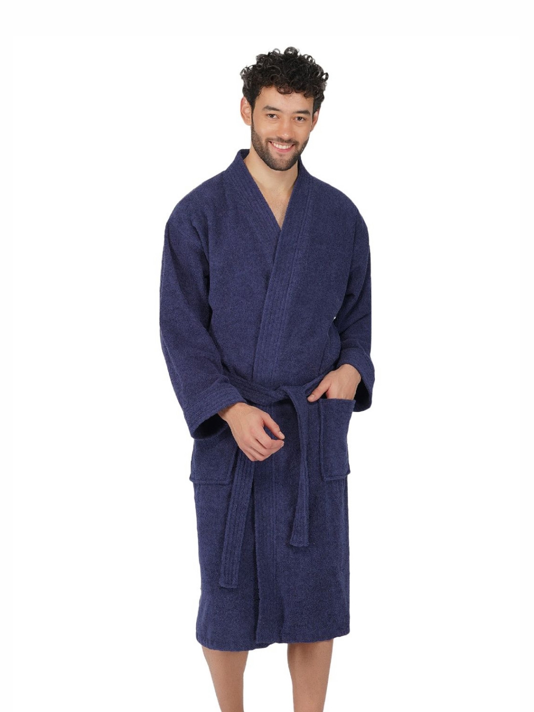 RANGOLI Noble, 400 GSM Navy Blue Solid Cotton Drawstring Midi Bath Robe-M