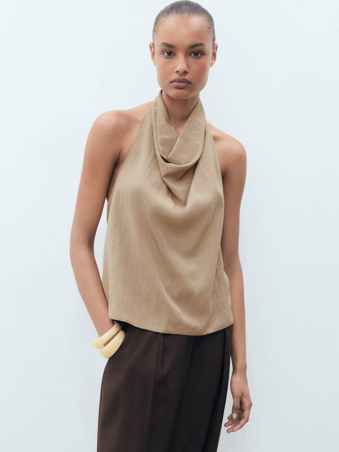 MANGO Cowl Neck Gathered Detail Draped-Style Styled Back Top