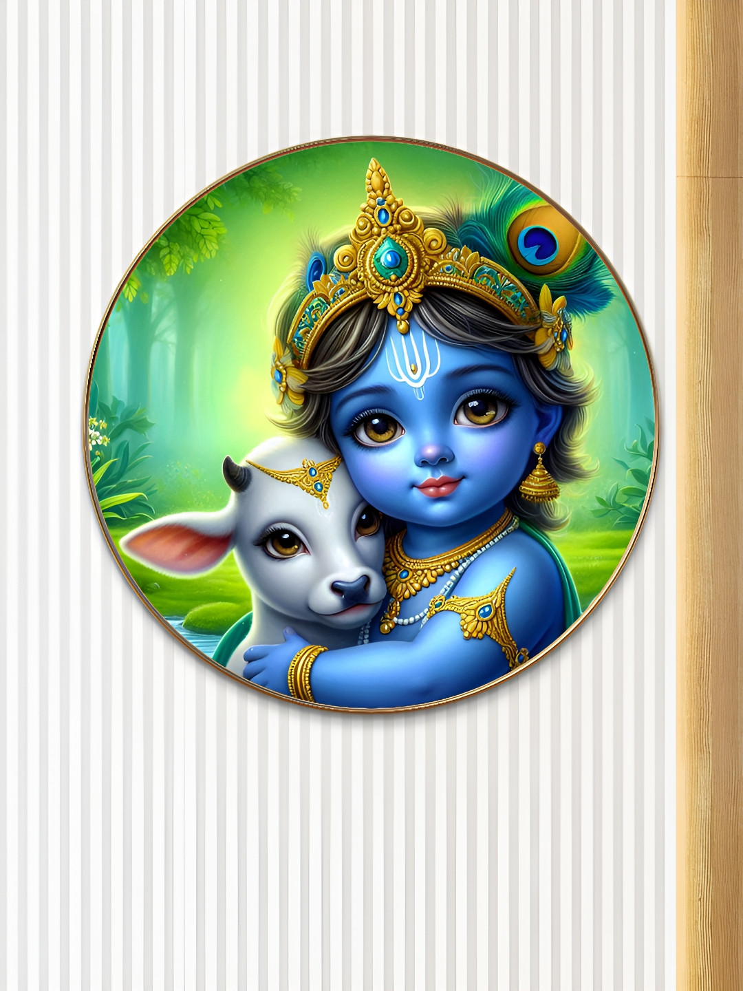 SAF Little Krishna with Calf Wood Wall Round Paintings Wall Art -16 x 16 In