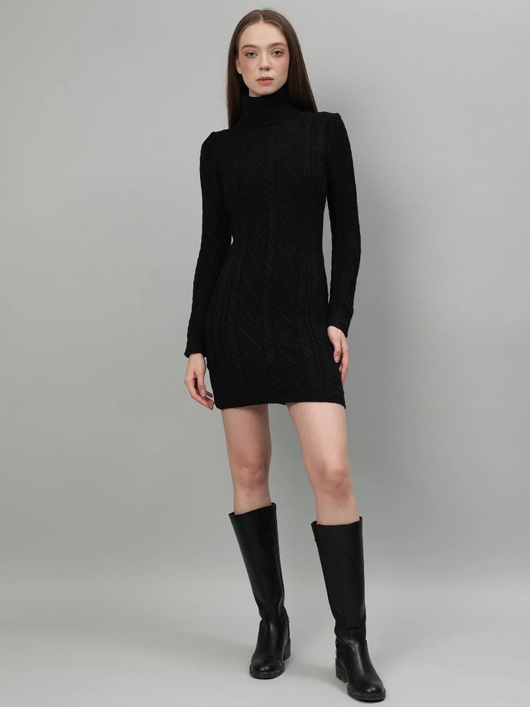 Fashion Gaiia Women High Neck Cable Knit Jumper Dress