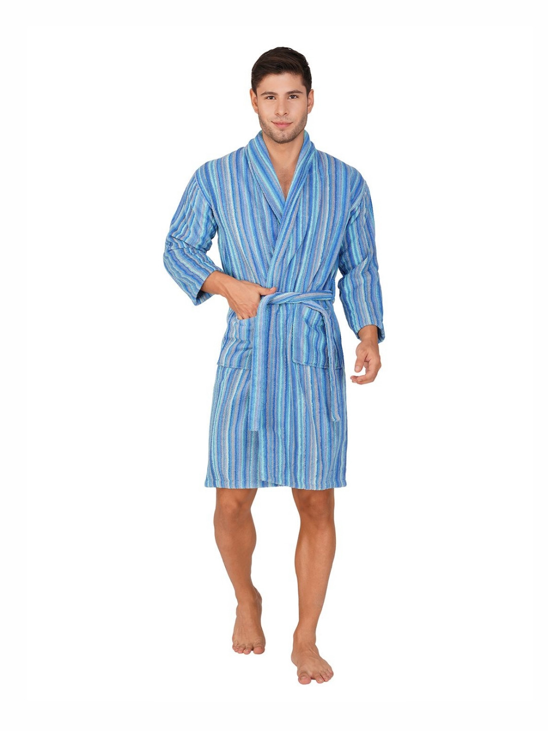 RANGOLI Pinstripe, 450 GSM Blue Striped Cotton Drawstring Knee Length Bath Robe-XL