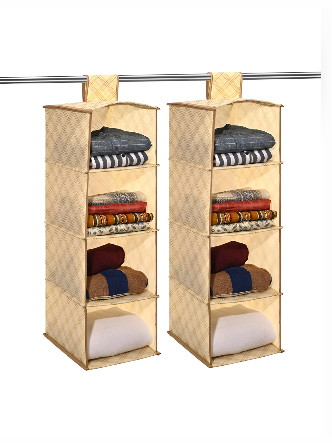 Aura Set of 2 Cream Non Woven Foldable 4 Shelf Wardrobe Hanging Almirah Cloth Organisers