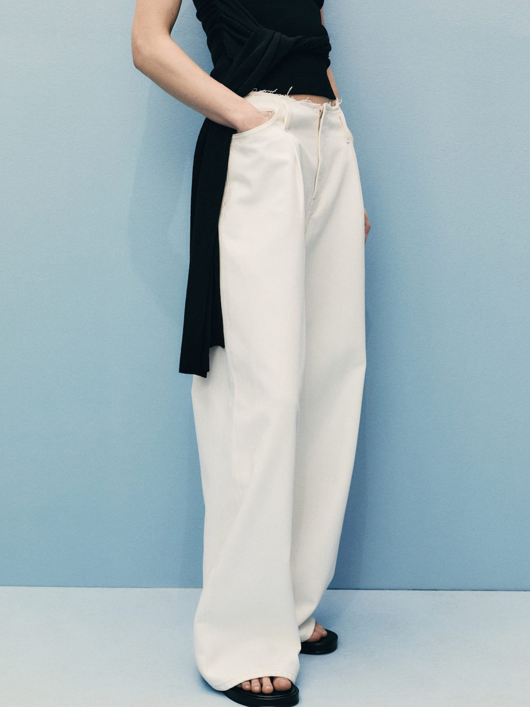 MANGO Women Frayed Waist Wide Leg  Jeans