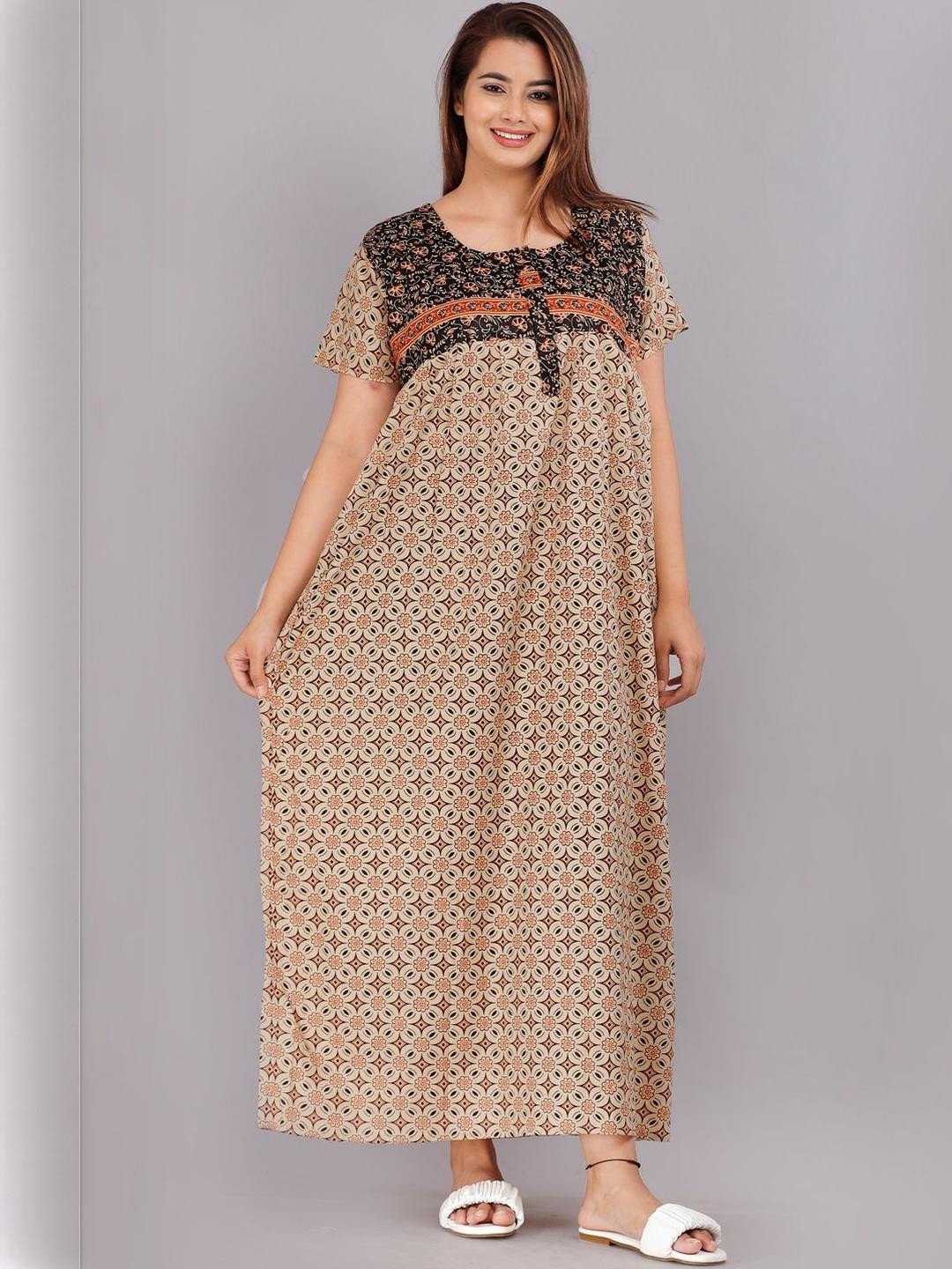 AAKARSHANA Cream Pure Cotton Maxi Printed Nightdress