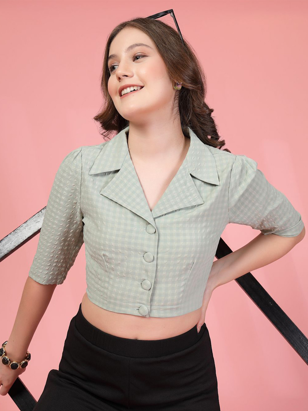 BEING NAUGHTY Women Self Design Lapel CollarShirt Style Crop Top