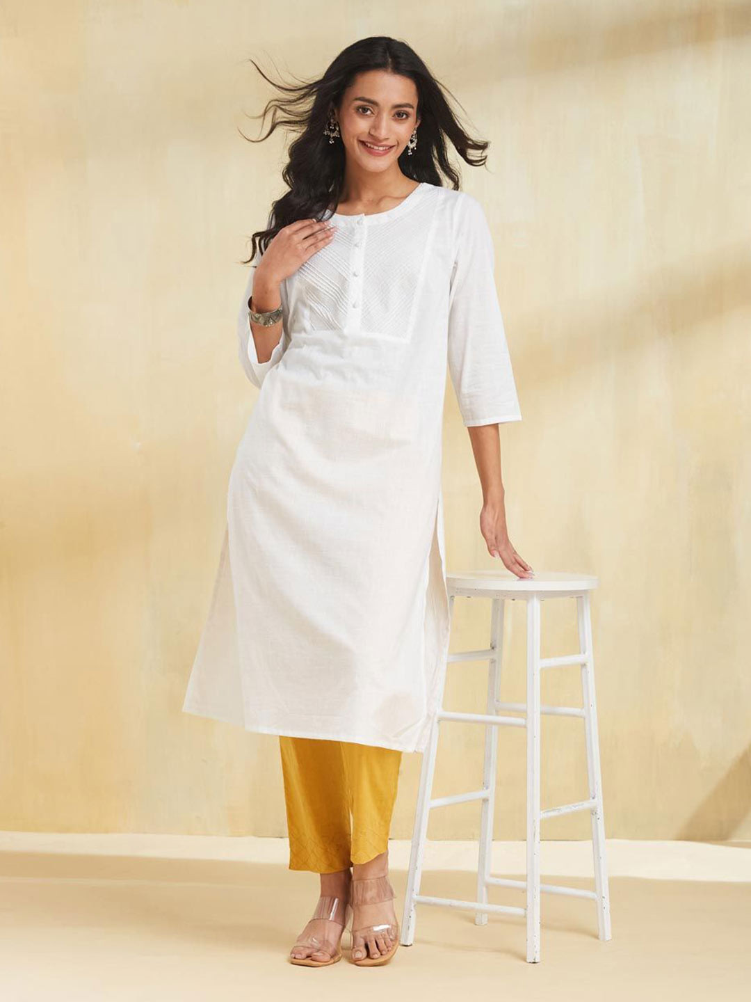 Fabindia Pin-Tucks Yoke Design Round Neck Cotton Straight Kurta
