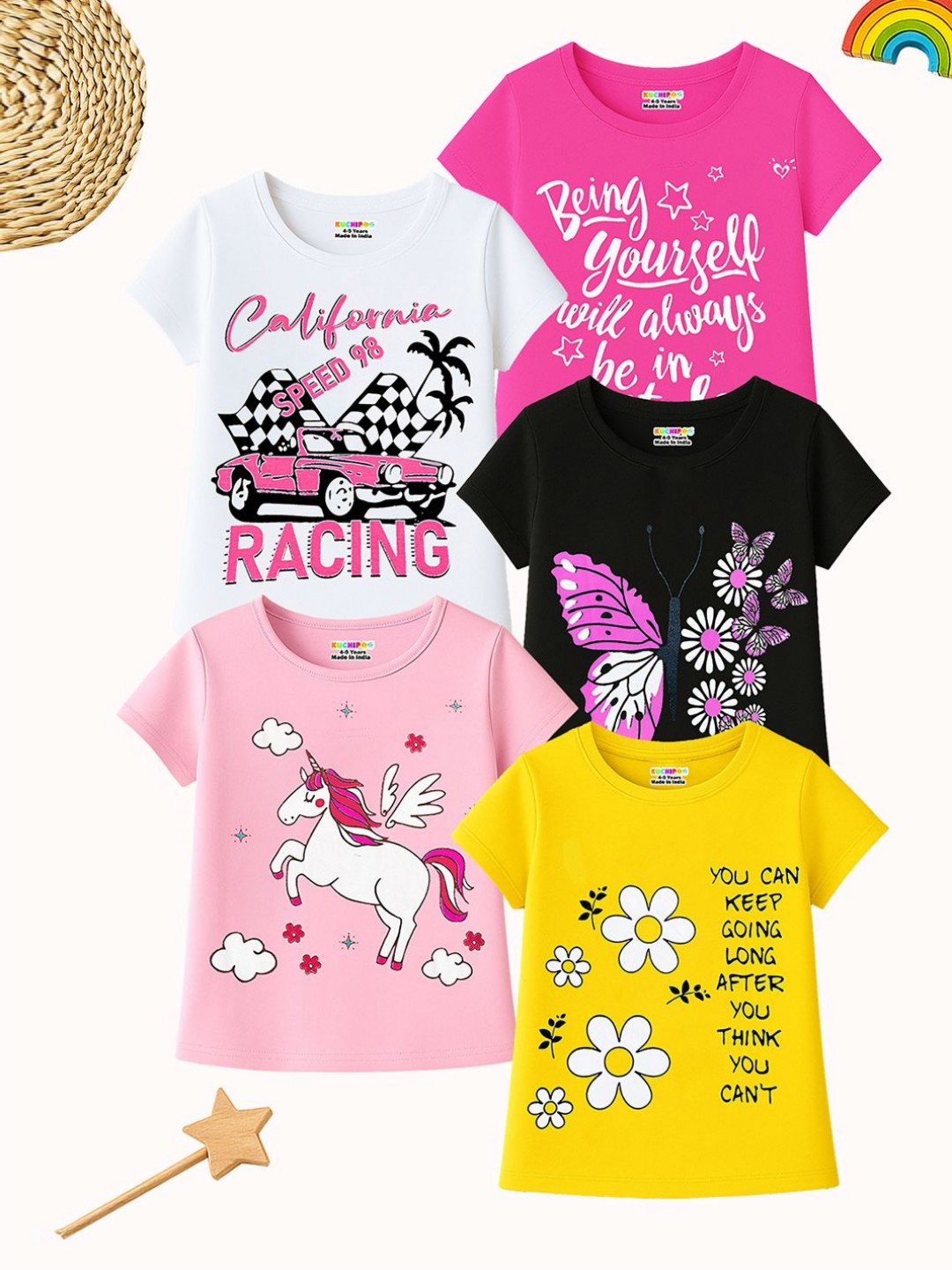 KUCHIPOO Girls Pack Of 5Typography Printed T-shirt