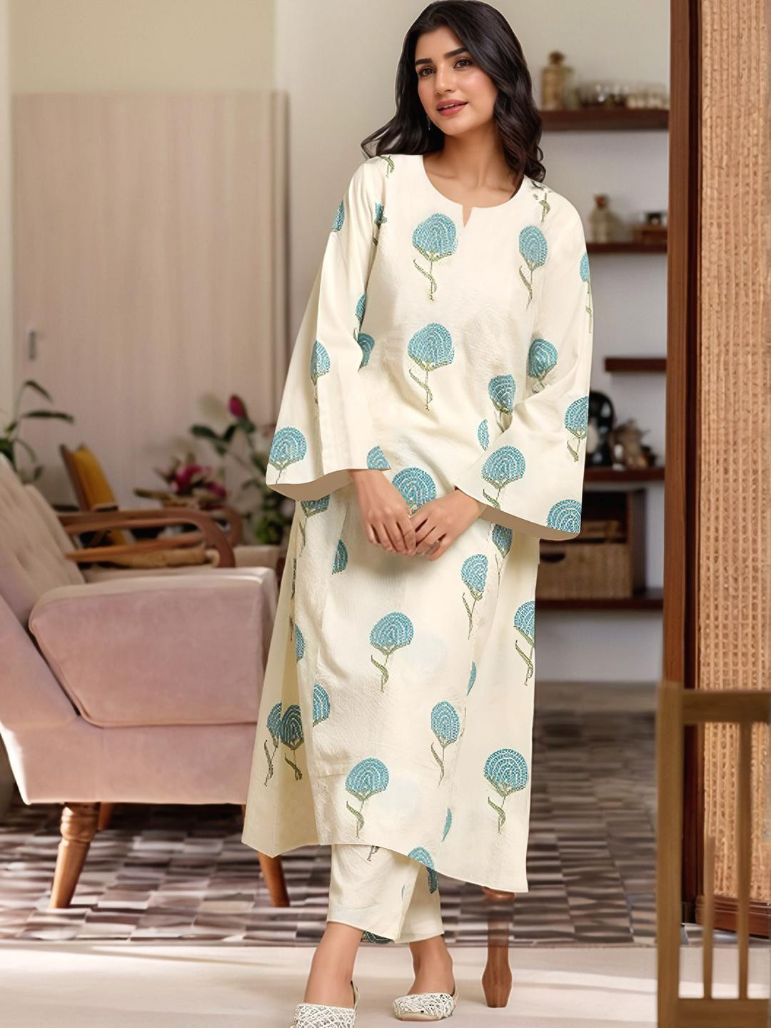 KALINI Women Sky Rayon Blend Printed A-Line Kurta With Trousers