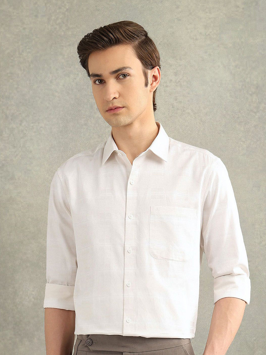 Arrow Italian Elegance Self Design Spread Collar Formal Cotton Shirt