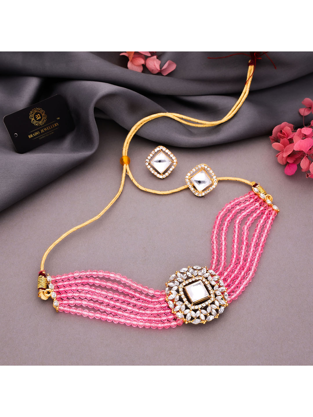 Brado Jewellery Brass Stone Crystal Stainless Steel Gold-plated Gold Pink White Jewellery Set