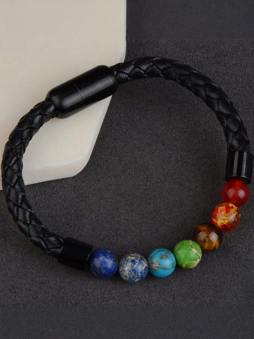 Fashion Frill Fashion Men's Stone Leather Rope Magnetic Snap Beaded Bracelet