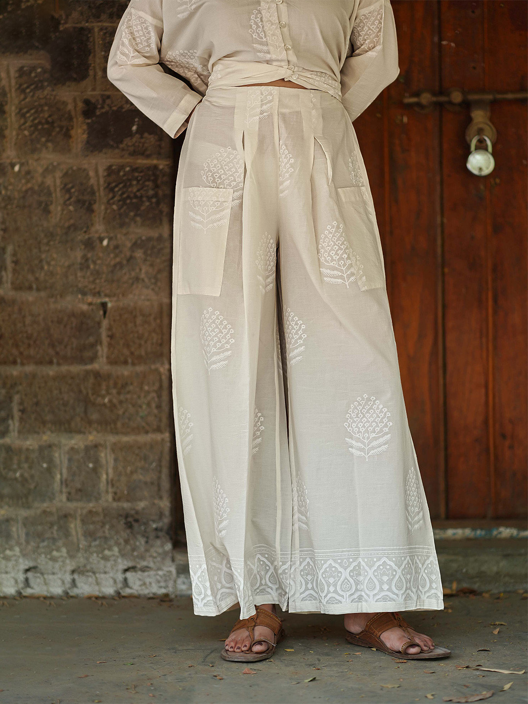 Chidiyaa Safed Women Coconut Frost Ivory Block Printed Palazzo