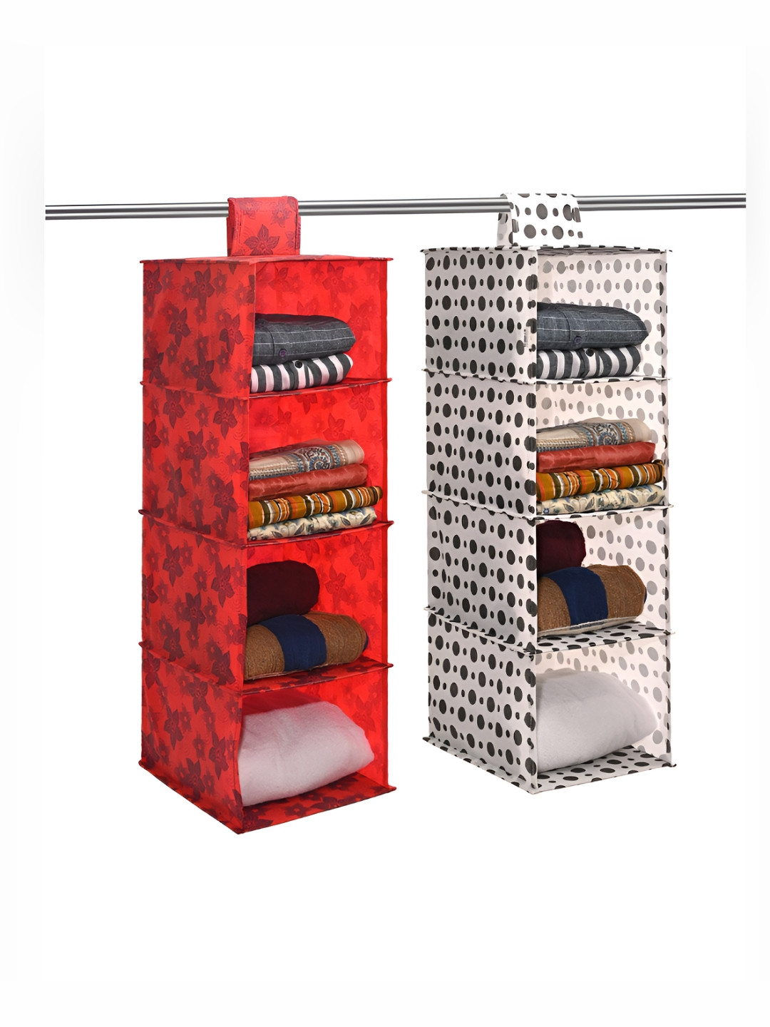 Aura Red & White 2 Pieces Printed Foldable 4 Shelf Hanging Closet Multi-Utility Organizers