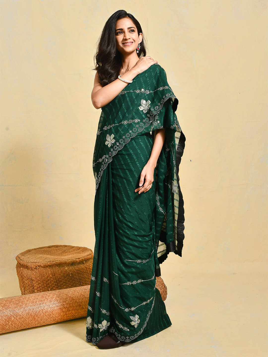 Rupeshwari Striped Embellished Beads and Stones Saree With Unstitched Blouse