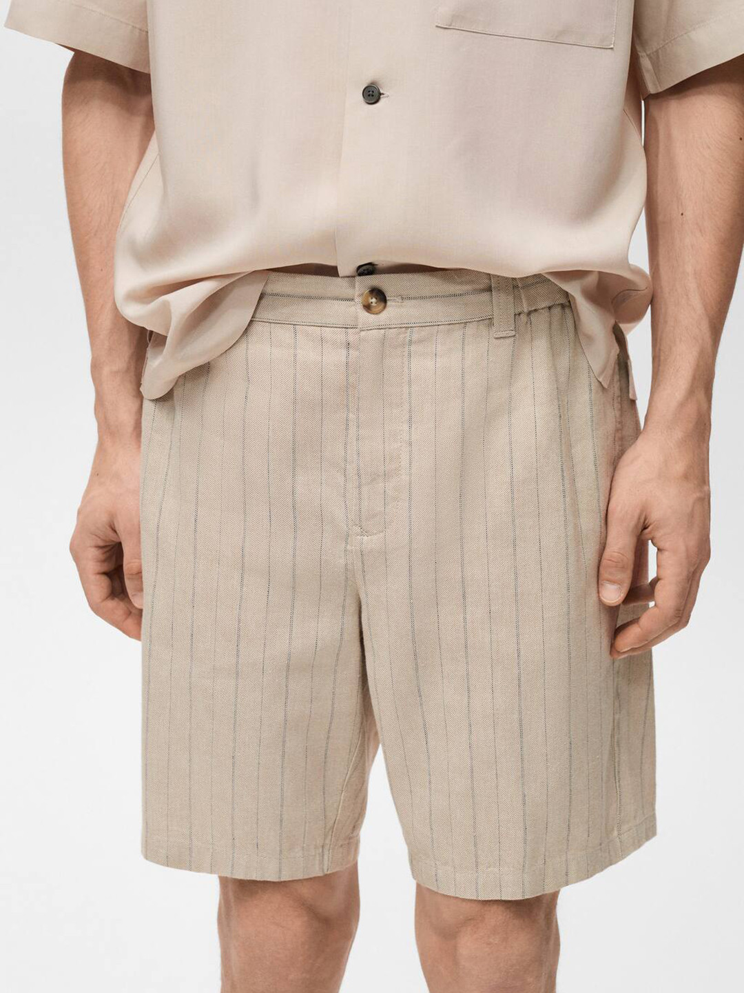 MANGO MAN Vertically Striped Mid-Rise Cotton-Linen Bermuda Shorts