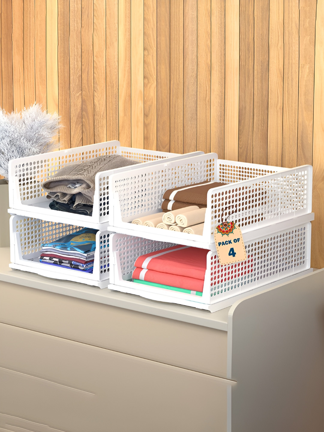 Aura Set of 4 White Plastic Stackable Wardrobe Clothes Storage Organisers