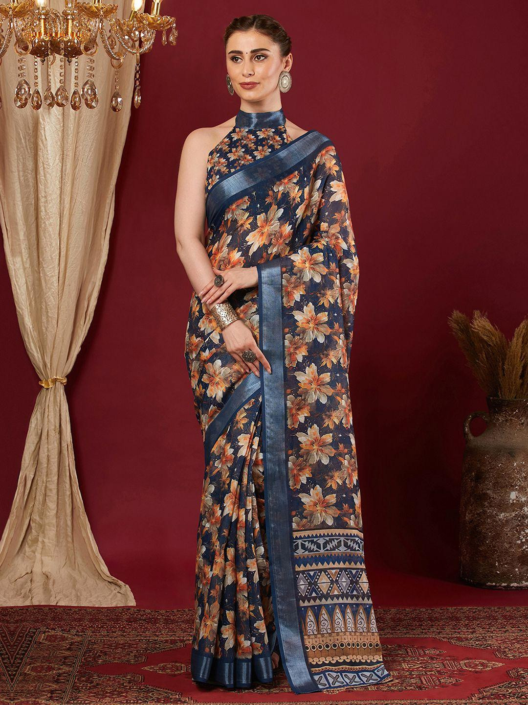 KALINI Blue Linen Blend Printed Sarees