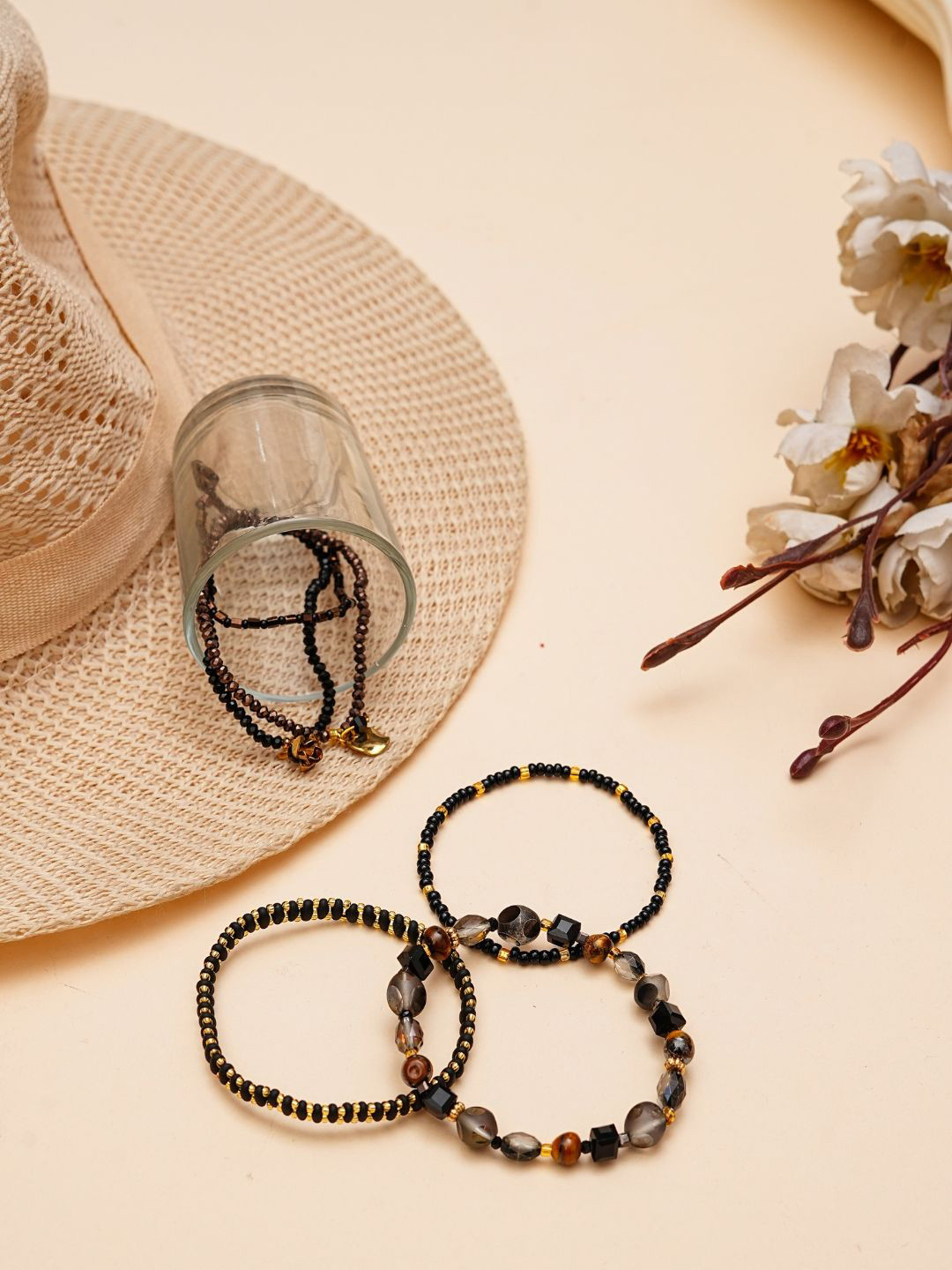 Basraa Set Of 6 Tiger Eye Studded Elasticated Bracelet