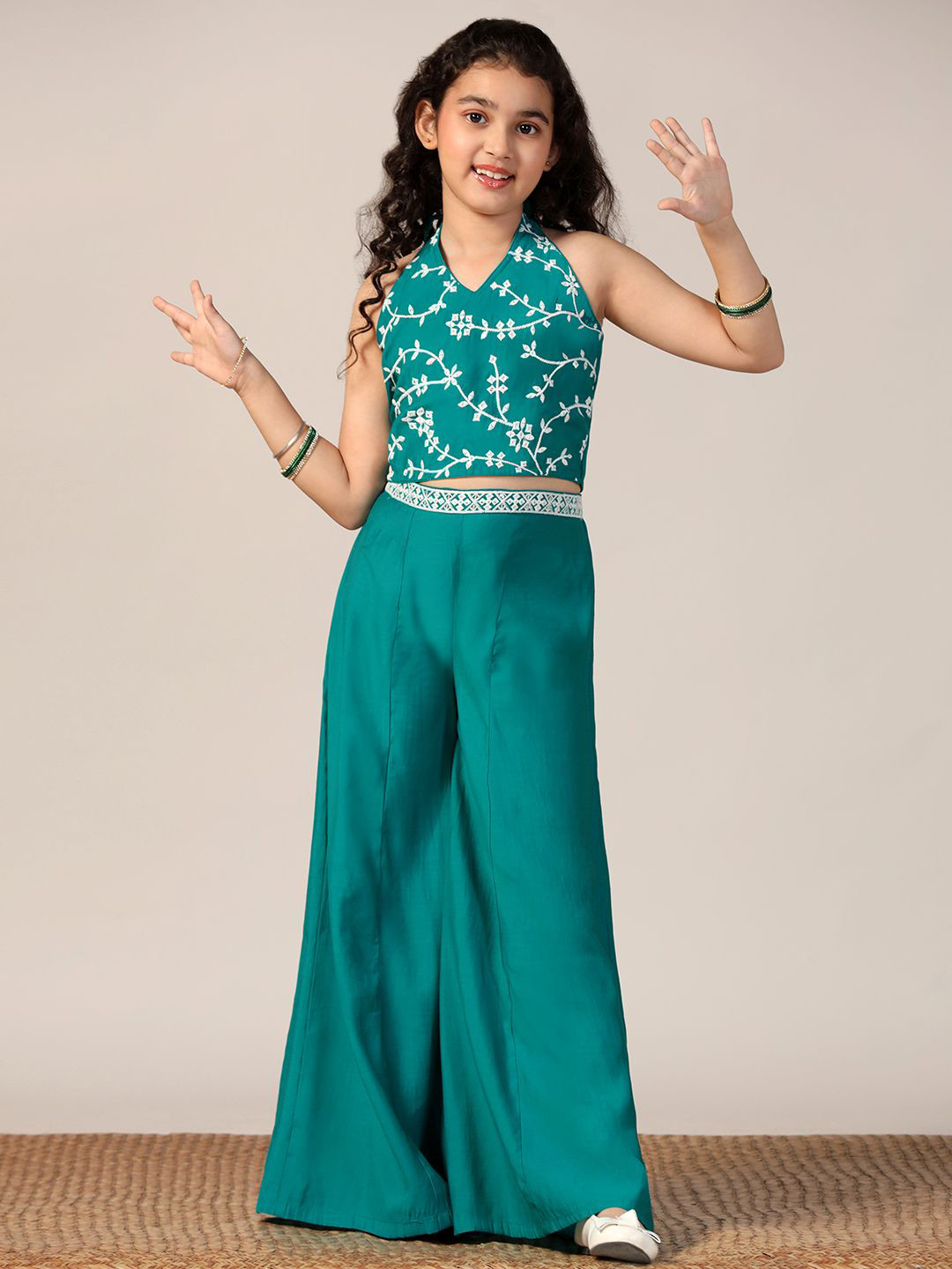 FASHION DREAM Girls Embroidered Crop Top With Palazzos