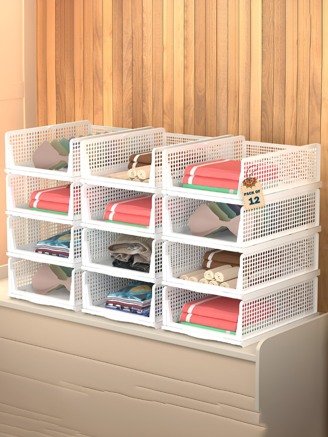 Aura Set of 12 White Plastic Stackable Wardrobe Clothes Storage Organisers