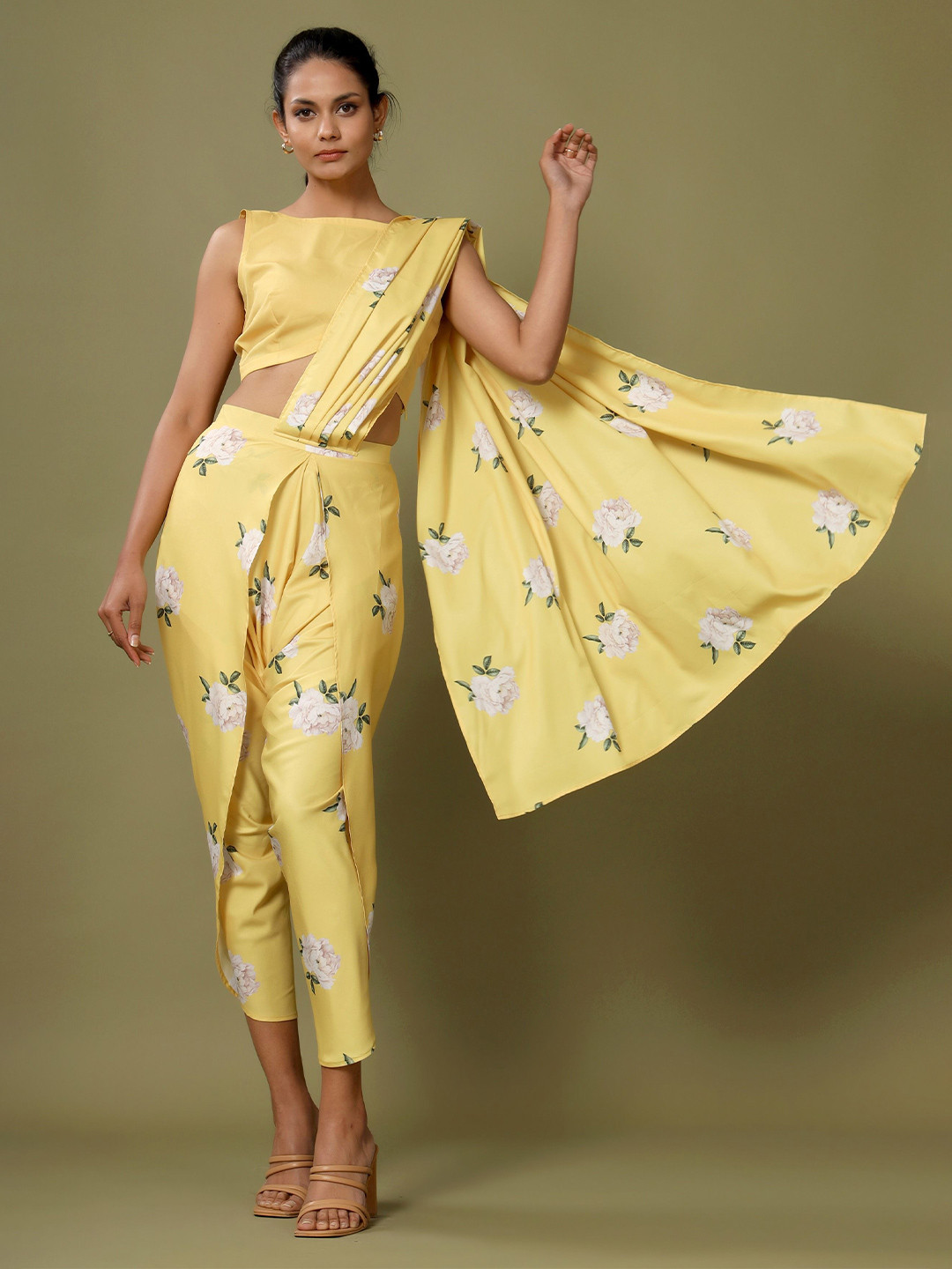 Pasha YELLOW FLORAL DHOTI SAREE & TOP SET