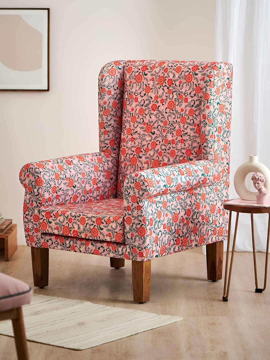 Chumbak Begum Orange-Coloured Earthy Floral Printed WingChair
