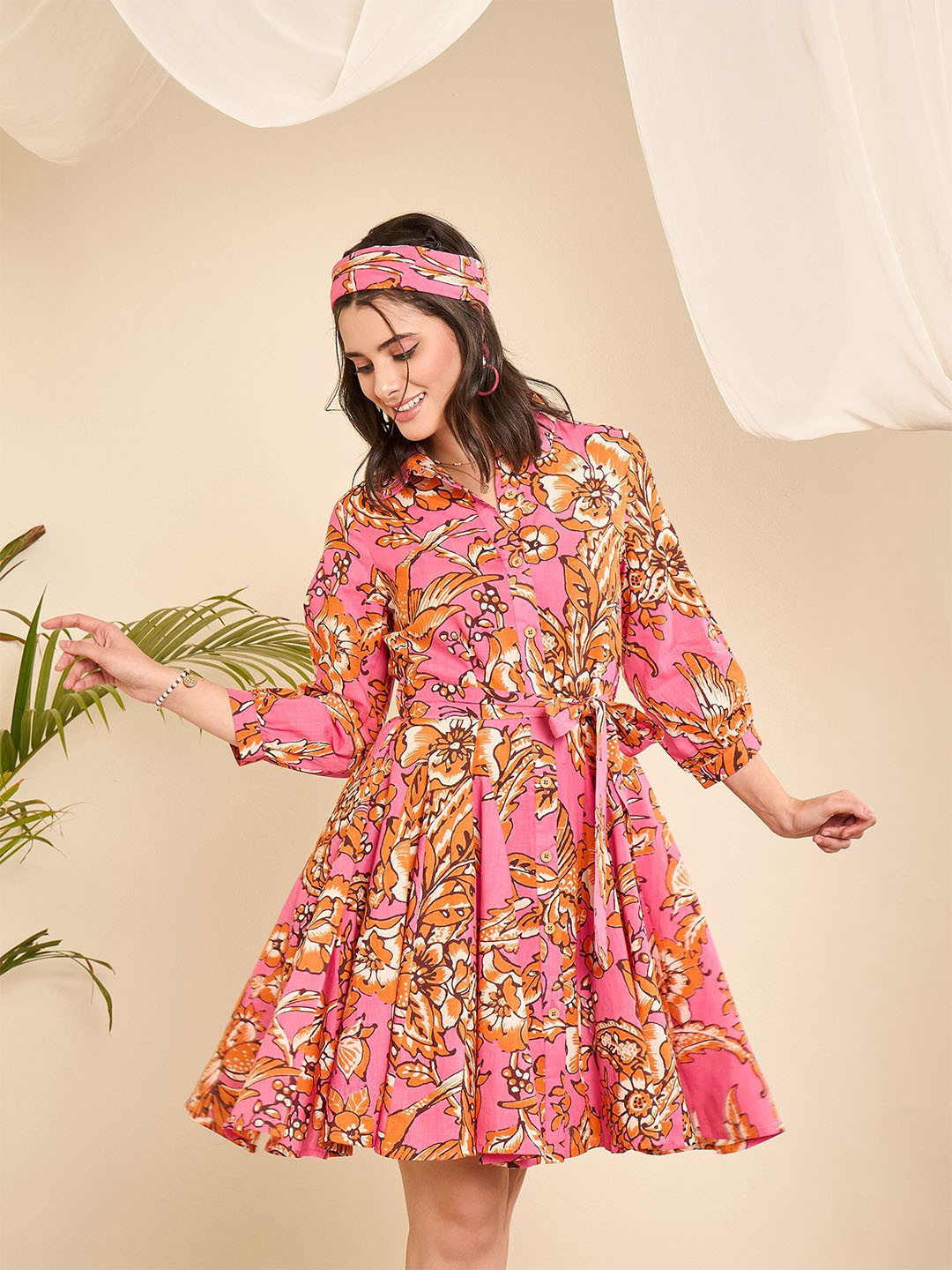 WineRed Women Floral Printed Belted Fit & Flare Cotton Dress