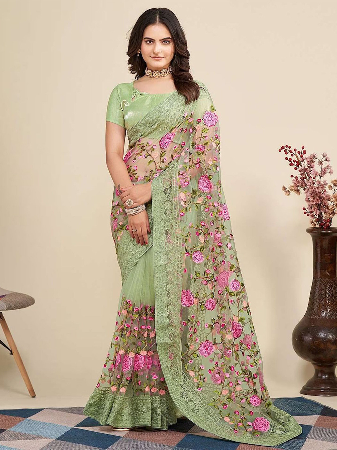 Celeb Styles Floral Embroidered Net Saree