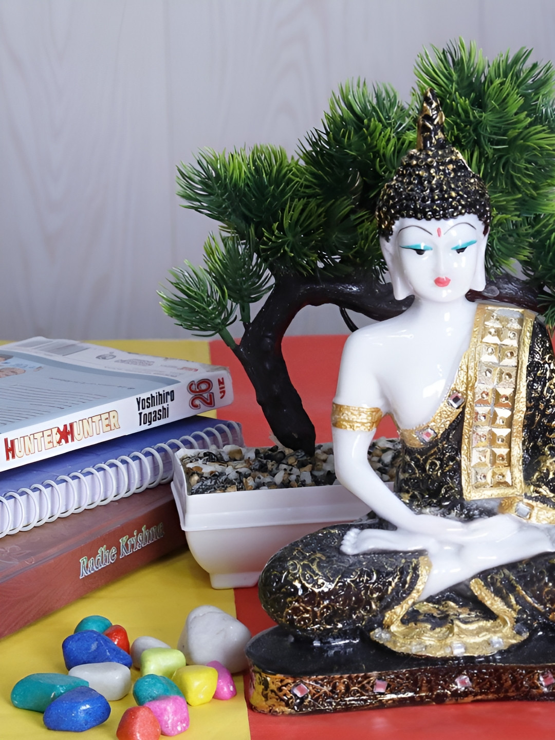 Aura Bonsai Plant with Buddha White Polyresin Glossy Living Room Set of 2 Medium Showpieces - 9.1 Inches