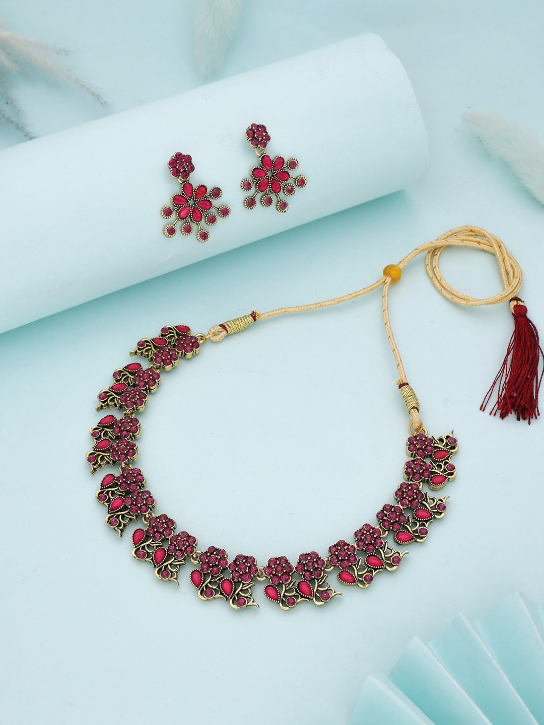 Brado Jewellery Brass Stone Crystal Stainless Steel Gold-plated Gold Pink Jewellery Set
