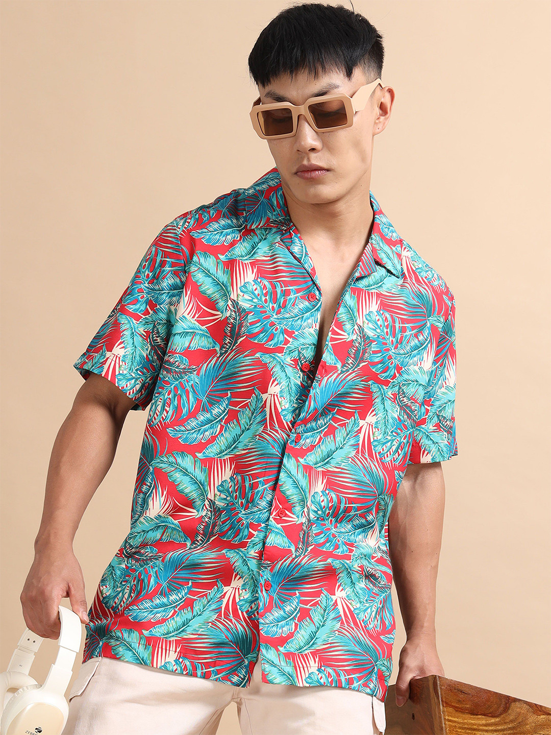 StitchX Men Short Sleeve Tropical Printed Cuban Collar Beach Shirt